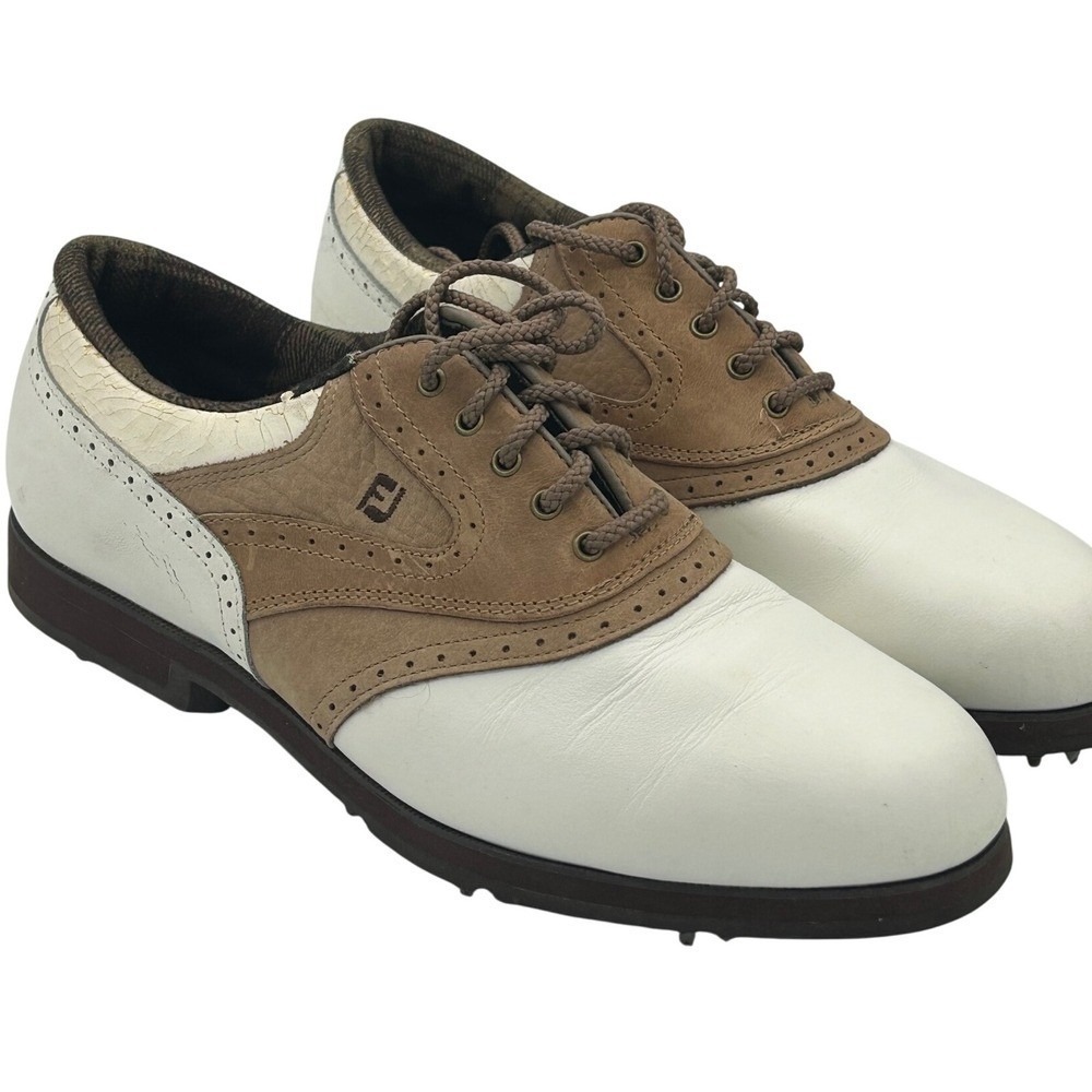 FootJoy Womens 8.5 M Golf Shoes White Tan Saddle Brogue Spiked Style 98308